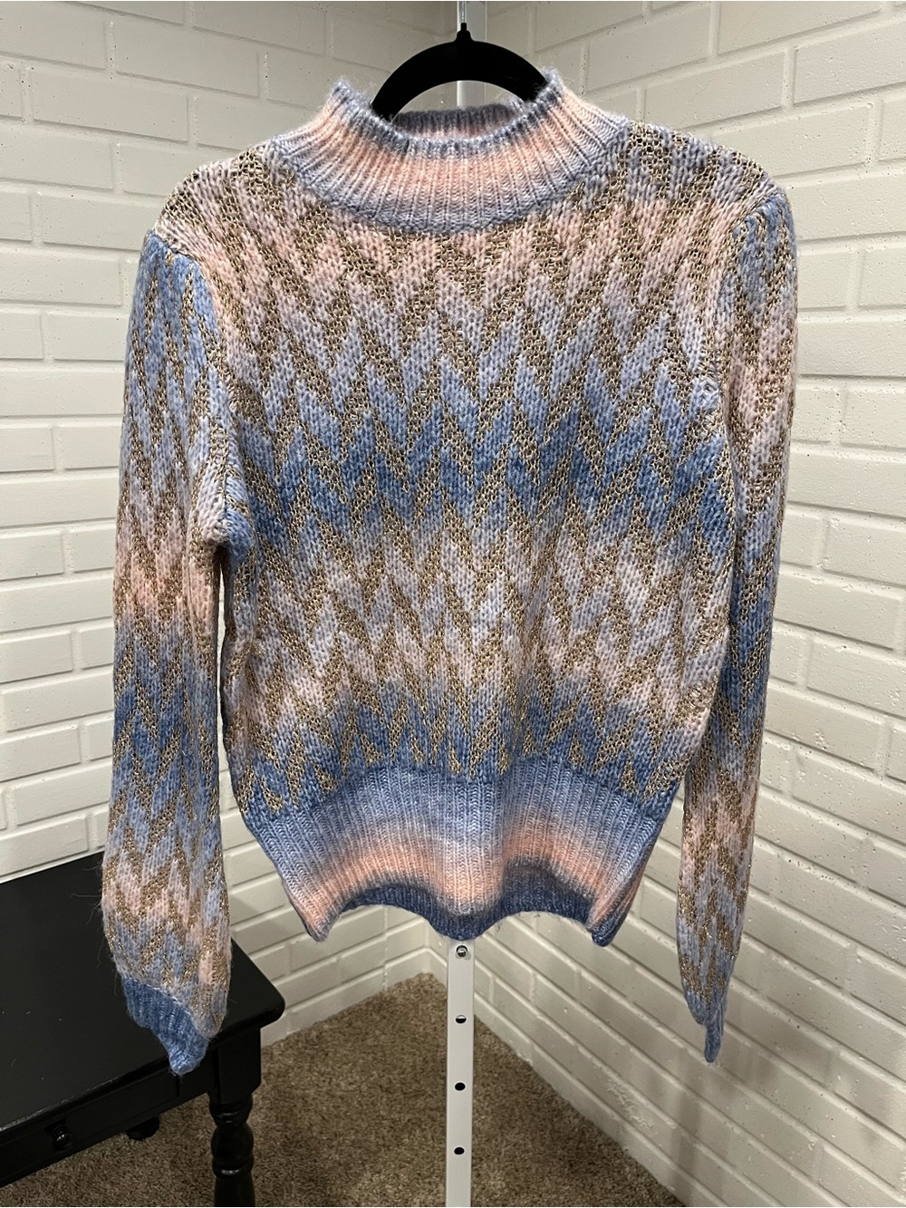 NWT Strut & Bolt Metallic Chevron Mock Neck Sweater Blue Pink Gold Zigzag Knit